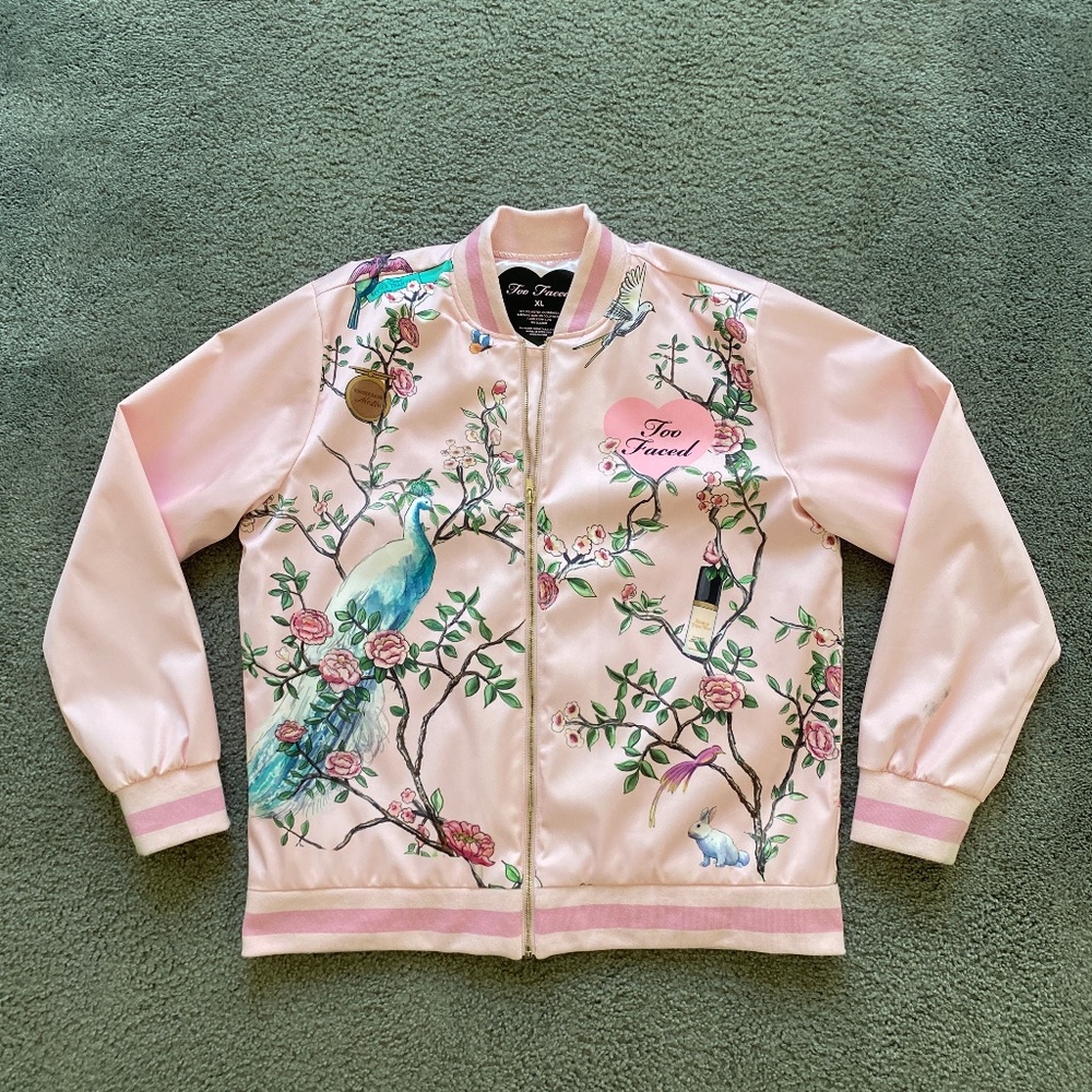 Too Faced Cosmetics DeGourney Bomber Jacket Pink Satin Embroidered